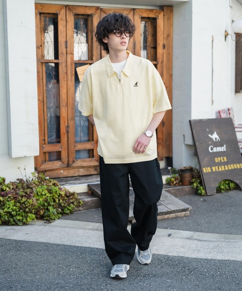 KANGOL（カンゴール）の「新色追加 KANGOL カンゴール 別注コラボ 接触冷感鹿の子ハーフジップ半袖ロゴ刺繍ポロシャツ（ポロシャツ・メンズ・ホワイト×ブラック/ブラック/ホワイト/ブラック×ホワイト/ピンク/チャコール/ブルー/オフホワイト/ネイビー/グリーン・L/M/XL）」の21枚目の写真