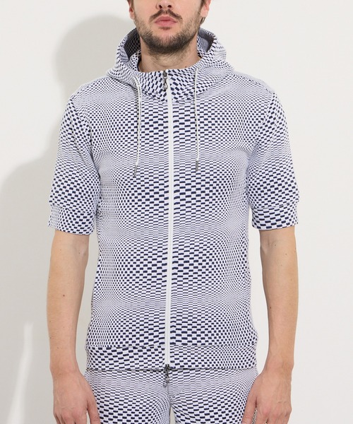 HIDEAWAYS NICOLE(ハイダウェイニコル)の「ジオメトリックブリスタージャカード5分袖パーカー(パーカー・メンズ・ホワイト×ネイビー/オフホワイト/ブラック・X-LARGE/LARGE/MEDIUM)」の8枚目の写真