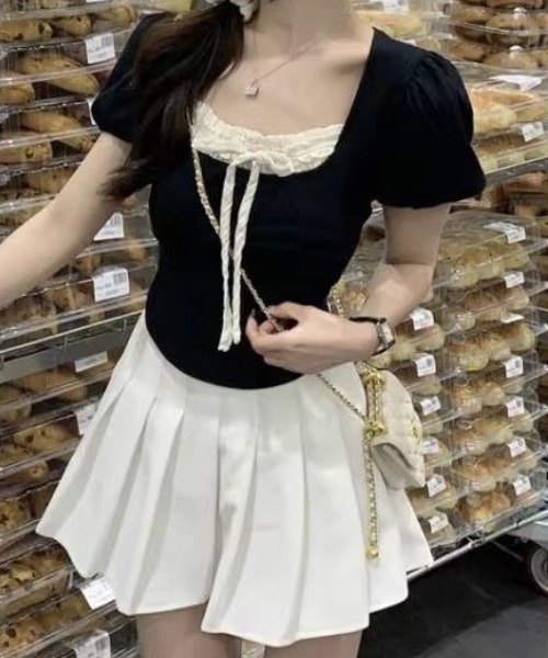 SHEPP（シープ）の「フリルレースリボン付パフスリーブ半袖カットソー（Tシャツ/カットソー・レディース・ホワイト/ブラック・S/M）」の2枚目の写真