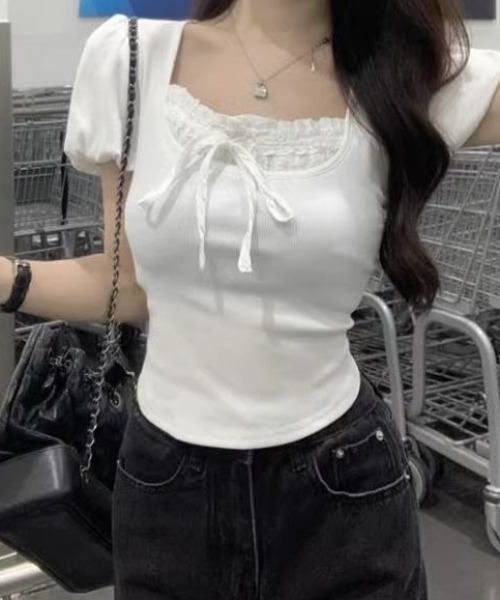 SHEPP（シープ）の「フリルレースリボン付パフスリーブ半袖カットソー（Tシャツ/カットソー・レディース・ホワイト/ブラック・S/M）」の3枚目の写真