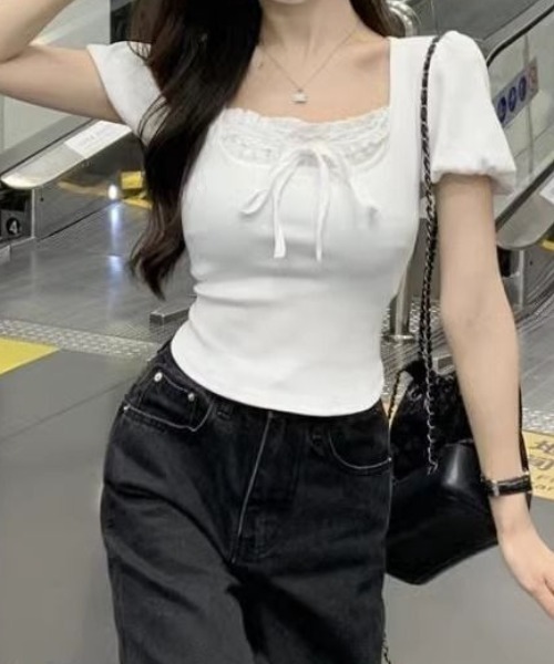 SHEPP（シープ）の「フリルレースリボン付パフスリーブ半袖カットソー（Tシャツ/カットソー・レディース・ホワイト/ブラック・S/M）」の6枚目の写真