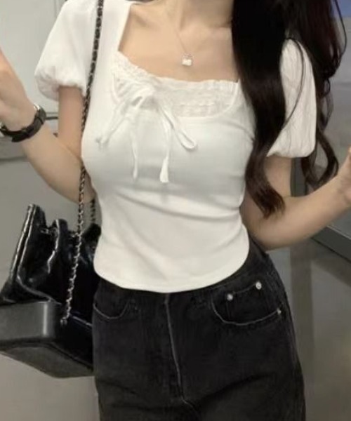 SHEPP（シープ）の「フリルレースリボン付パフスリーブ半袖カットソー（Tシャツ/カットソー・レディース・ホワイト/ブラック・S/M）」の7枚目の写真