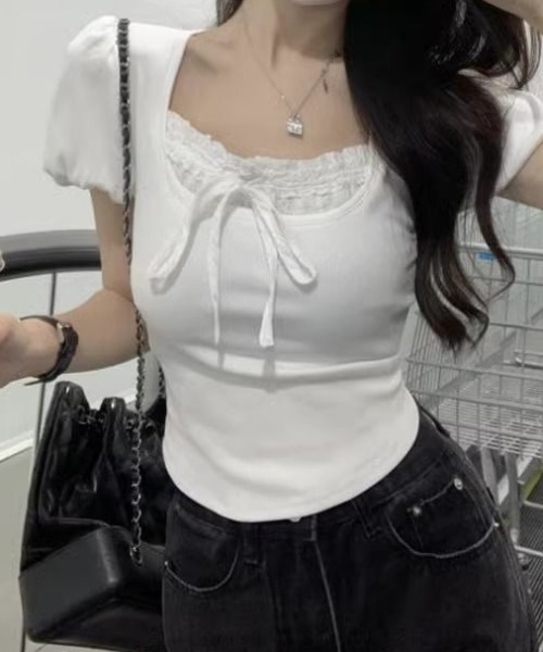SHEPP（シープ）の「フリルレースリボン付パフスリーブ半袖カットソー（Tシャツ/カットソー・レディース・ホワイト/ブラック・S/M）」の8枚目の写真