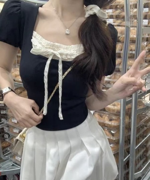 SHEPP（シープ）の「フリルレースリボン付パフスリーブ半袖カットソー（Tシャツ/カットソー・レディース・ホワイト/ブラック・S/M）」の11枚目の写真
