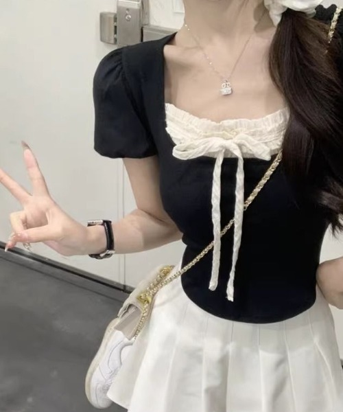 SHEPP（シープ）の「フリルレースリボン付パフスリーブ半袖カットソー（Tシャツ/カットソー・レディース・ホワイト/ブラック・S/M）」の14枚目の写真