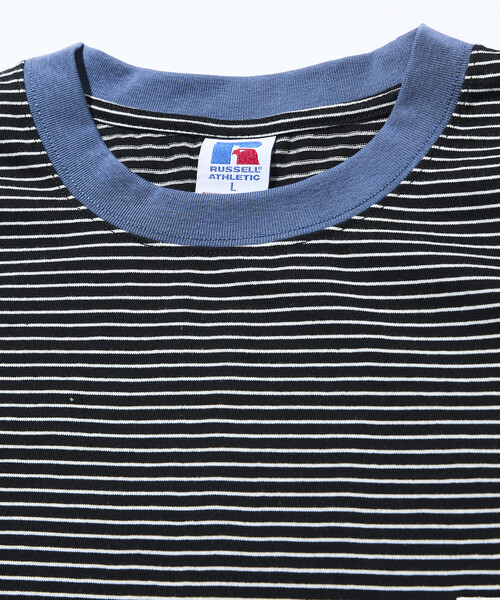 Russell Athletic（ラッセルアスレティック）の「限定展開 RUSSELL ATHLETIC×FREAK'S STORE ラッセル アスレチック 別注 ビッグシルエット ワンポイントロゴ ボーダー クルーネック Tシャツ カットソー 半袖（Tシャツ/カットソー・メンズ・ブラック/ベージュ/ホワイト・SMALL/MEDIUM/LARGE）」の6枚目の写真