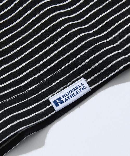Russell Athletic（ラッセルアスレティック）の「限定展開 RUSSELL ATHLETIC×FREAK'S STORE ラッセル アスレチック 別注 ビッグシルエット ワンポイントロゴ ボーダー クルーネック Tシャツ カットソー 半袖（Tシャツ/カットソー・メンズ・ブラック/ベージュ/ホワイト・SMALL/MEDIUM/LARGE）」の9枚目の写真
