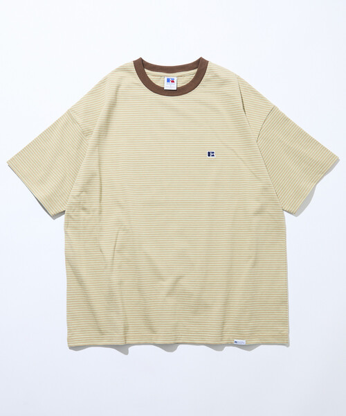 Russell Athletic（ラッセルアスレティック）の「限定展開 RUSSELL ATHLETIC×FREAK'S STORE ラッセル アスレチック 別注 ビッグシルエット ワンポイントロゴ ボーダー クルーネック Tシャツ カットソー 半袖（Tシャツ/カットソー・メンズ・ブラック/ベージュ/ホワイト・SMALL/MEDIUM/LARGE）」の10枚目の写真