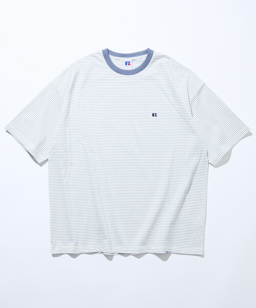 Russell Athletic（ラッセルアスレティック）の「限定展開 RUSSELL ATHLETIC×FREAK'S STORE ラッセル アスレチック 別注 ビッグシルエット ワンポイントロゴ ボーダー クルーネック Tシャツ カットソー 半袖（Tシャツ/カットソー・メンズ・ブラック/ベージュ/ホワイト・SMALL/MEDIUM/LARGE）」の12枚目の写真