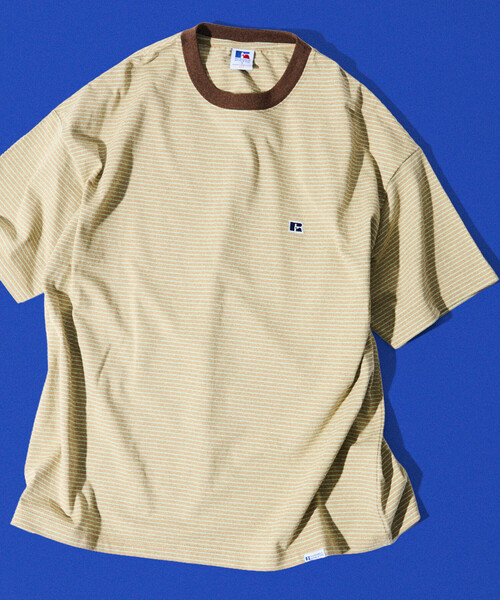 Russell Athletic（ラッセルアスレティック）の「限定展開 RUSSELL ATHLETIC×FREAK'S STORE ラッセル アスレチック 別注 ビッグシルエット ワンポイントロゴ ボーダー クルーネック Tシャツ カットソー 半袖（Tシャツ/カットソー・メンズ・ブラック/ベージュ/ホワイト・SMALL/MEDIUM/LARGE）」の14枚目の写真