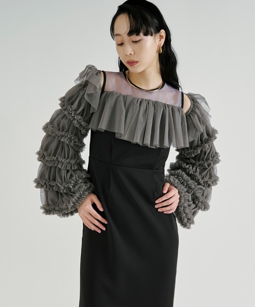 Ezick(エジック)の「2way Sleeve Ruffle Dresss 2wayラッフルスリーブドレス(ドレス・レディース・ブラック/グレー・FREE)」の1枚目の写真