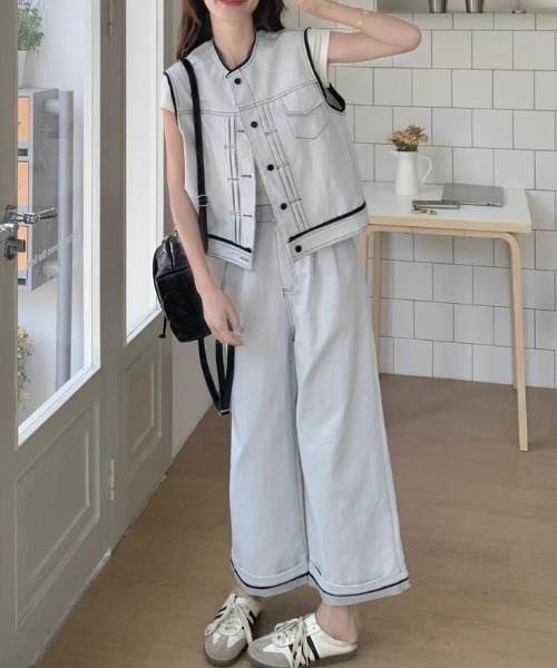 デニムベストワイドパンツセットアップ