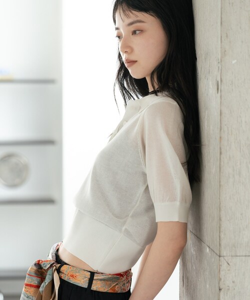 GALLEST（ギャレスト）の「フォルムスリーブポロニット（ニット/セーター・レディース・オフホワイト/ライトイエロー系/グリーン/ブラック・38）」の2枚目の写真