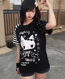 日系スイートクール猫柄切替ラグランスリーブTシャツ