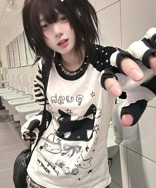 AsheKsha(アシクシャ)の「日系スイートクール猫柄切替ラグランスリーブTシャツ(Tシャツ/カットソー・レディース・ブラック/ホワイト・M)」の6枚目の写真