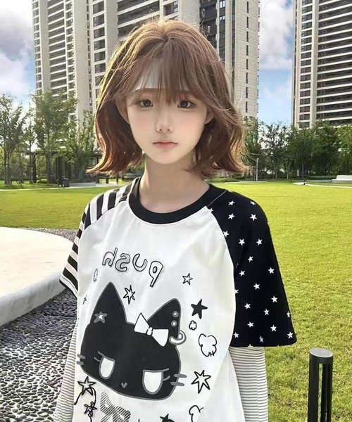 AsheKsha(アシクシャ)の「日系スイートクール猫柄切替ラグランスリーブTシャツ(Tシャツ/カットソー・レディース・ブラック/ホワイト・M)」の9枚目の写真