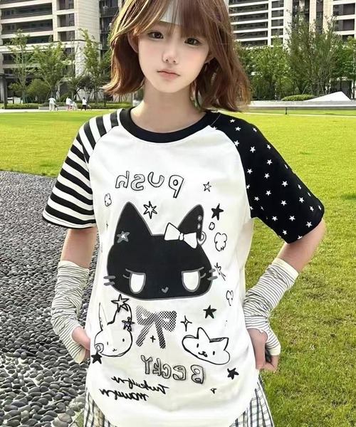 AsheKsha(アシクシャ)の「日系スイートクール猫柄切替ラグランスリーブTシャツ(Tシャツ/カットソー・レディース・ブラック/ホワイト・M)」の12枚目の写真