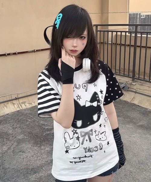 AsheKsha(アシクシャ)の「日系スイートクール猫柄切替ラグランスリーブTシャツ(Tシャツ/カットソー・レディース・ブラック/ホワイト・M)」の14枚目の写真
