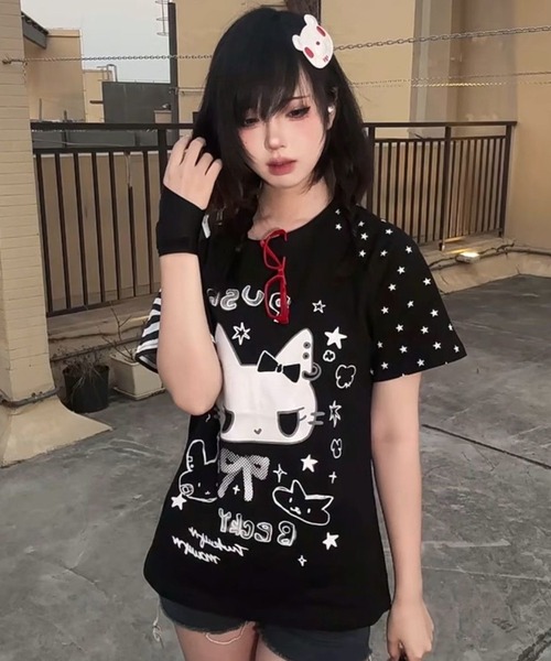AsheKsha(アシクシャ)の「日系スイートクール猫柄切替ラグランスリーブTシャツ(Tシャツ/カットソー・レディース・ブラック/ホワイト・M)」の16枚目の写真