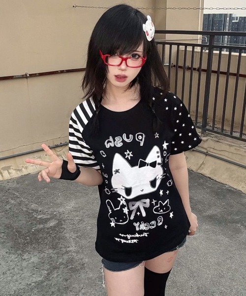 AsheKsha(アシクシャ)の「日系スイートクール猫柄切替ラグランスリーブTシャツ(Tシャツ/カットソー・レディース・ブラック/ホワイト・M)」の17枚目の写真