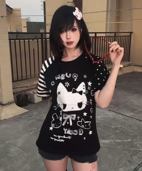 AsheKsha(アシクシャ)の「日系スイートクール猫柄切替ラグランスリーブTシャツ(Tシャツ/カットソー・レディース・ブラック/ホワイト・M)」の18枚目の写真