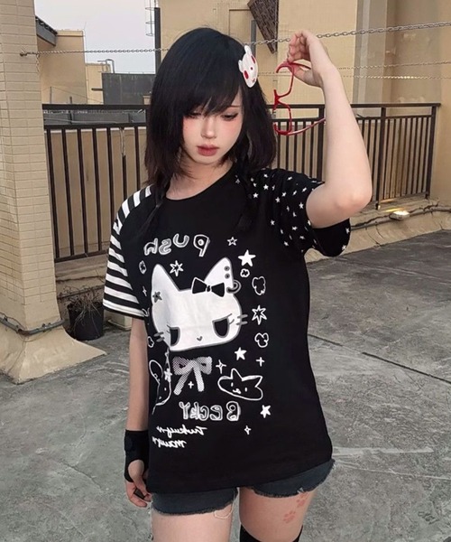 AsheKsha(アシクシャ)の「日系スイートクール猫柄切替ラグランスリーブTシャツ(Tシャツ/カットソー・レディース・ブラック/ホワイト・M)」の19枚目の写真