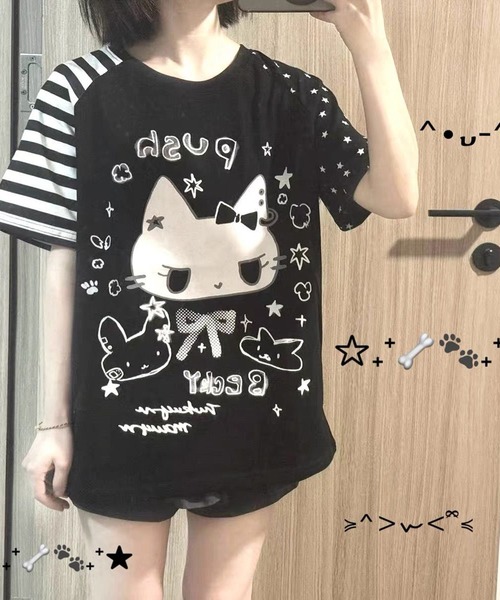 AsheKsha(アシクシャ)の「日系スイートクール猫柄切替ラグランスリーブTシャツ(Tシャツ/カットソー・レディース・ブラック/ホワイト・M)」の20枚目の写真