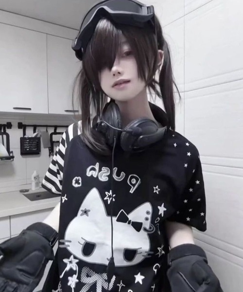 AsheKsha(アシクシャ)の「日系スイートクール猫柄切替ラグランスリーブTシャツ(Tシャツ/カットソー・レディース・ブラック/ホワイト・M)」の21枚目の写真