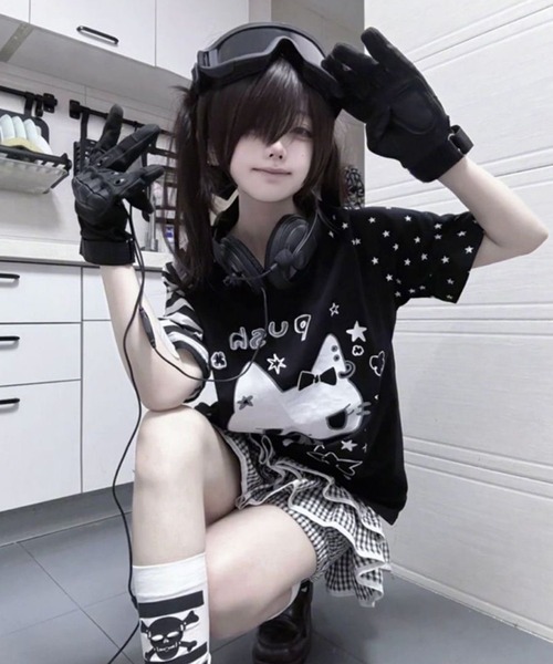 AsheKsha(アシクシャ)の「日系スイートクール猫柄切替ラグランスリーブTシャツ(Tシャツ/カットソー・レディース・ブラック/ホワイト・M)」の22枚目の写真