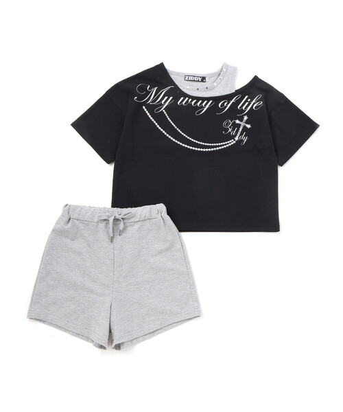ZIDDY（ジディ）の「オフショルダー半袖Tシャツ＆パンツセット(130~160cm)（セットアップ・キッズ・ブラック/グレー・130cm/140cm/FREE/150cm）」の7枚目の写真