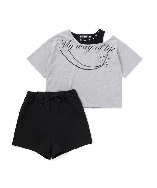 ZIDDY（ジディ）の「オフショルダー半袖Tシャツ＆パンツセット(130~160cm)（セットアップ・キッズ・ブラック/グレー・130cm/140cm/FREE/150cm）」の9枚目の写真