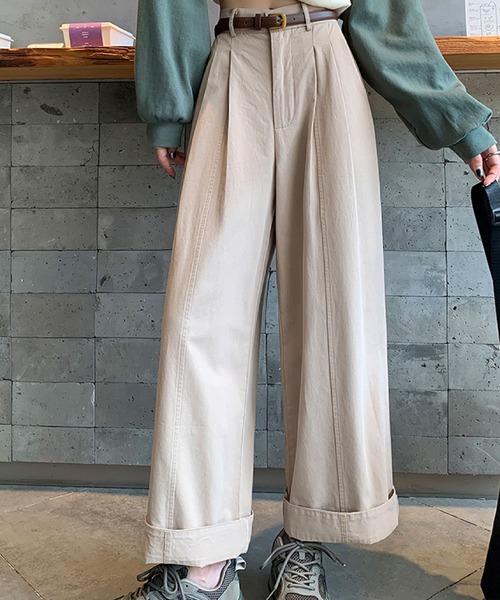 2ly2(トゥーリートゥー)の「ワイドパンツ レディース タックパンツ ロング ハイウエスト ベルト付き 無地 ゆったり ストレート(その他パンツ・レディース・ボルドー/ホワイト/ベージュ/ネイビー・FREE)」の2枚目の写真