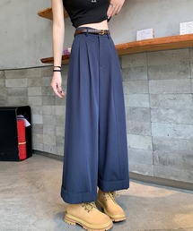 ワイドパンツ レディース タックパンツ ロング ハイウエスト ベルト付き 無地 ゆったり ストレート