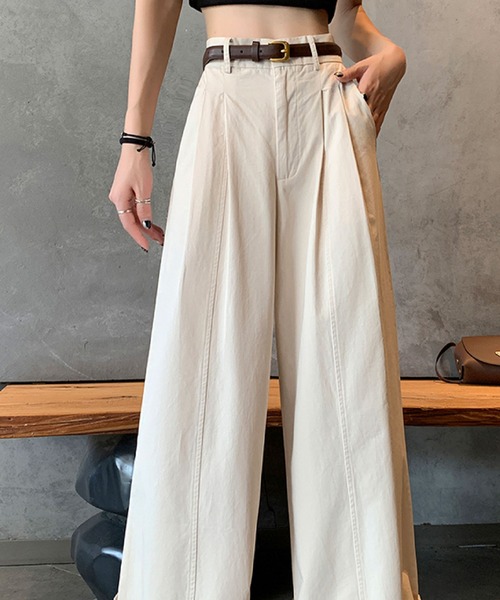 2ly2(トゥーリートゥー)の「ワイドパンツ レディース タックパンツ ロング ハイウエスト ベルト付き 無地 ゆったり ストレート(その他パンツ・レディース・ボルドー/ホワイト/ベージュ/ネイビー・FREE)」の6枚目の写真