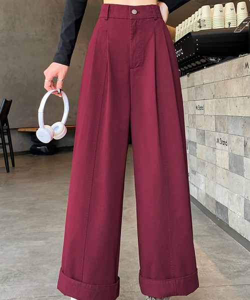 2ly2(トゥーリートゥー)の「ワイドパンツ レディース タックパンツ ロング ハイウエスト ベルト付き 無地 ゆったり ストレート(その他パンツ・レディース・ボルドー/ホワイト/ベージュ/ネイビー・FREE)」の11枚目の写真