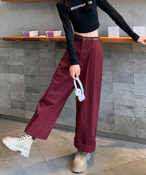 2ly2(トゥーリートゥー)の「ワイドパンツ レディース タックパンツ ロング ハイウエスト ベルト付き 無地 ゆったり ストレート(その他パンツ・レディース・ボルドー/ホワイト/ベージュ/ネイビー・FREE)」の13枚目の写真