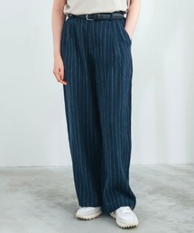 THREE FIFTY STANDARD 麻混ストライプワイドパンツ〈ネイビー〉