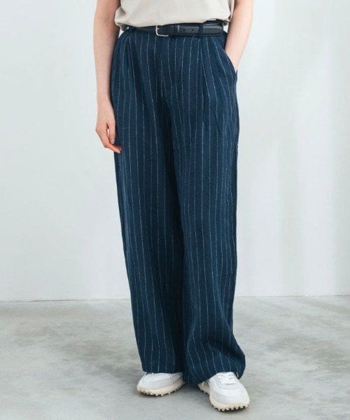 THREE FIFTY STANDARD(スリーフィフティースタンダード)の「THREE FIFTY STANDARD 麻混ストライプワイドパンツ〈ネイビー〉(その他パンツ・レディース・ネイビー・LL/L/M/3L)」の1枚目の写真