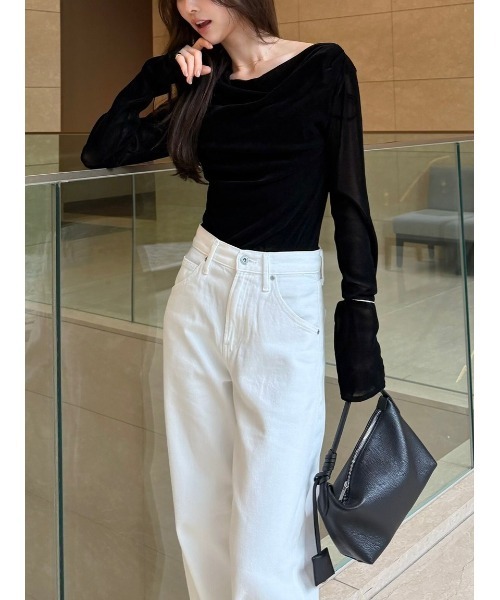 FRAY I.D(フレイアイディー)の「【ウォッシャブル】2wayフロッキーチュールトップス(Tシャツ/カットソー・レディース・グレー/ブラック/ホワイト/ピンク・F)」の21枚目の写真