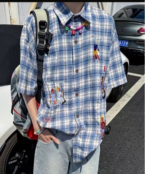 DOUBLE STEAL(ダブルスティール)の「DSイラスト刺繍チェック半袖シャツ(シャツ/ブラウス・メンズ・ブルー/ピンク・MEDIUM/X-LARGE/LARGE)」の2枚目の写真