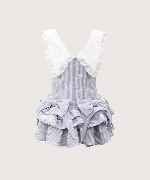 LA POMME petit(ラポミ・プチ)の「Waist Ribbon Lace Collar Floral Stripe Dress/ウエストリボンレース襟花柄ストライプワンピース(ワンピース・レディース・ブルー/ブラック・FREE)」の1枚目の写真