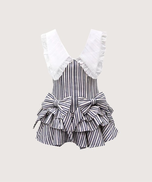 LA POMME petit(ラポミ・プチ)の「Waist Ribbon Lace Collar Floral Stripe Dress/ウエストリボンレース襟花柄ストライプワンピース(ワンピース・レディース・ブルー/ブラック・FREE)」の2枚目の写真