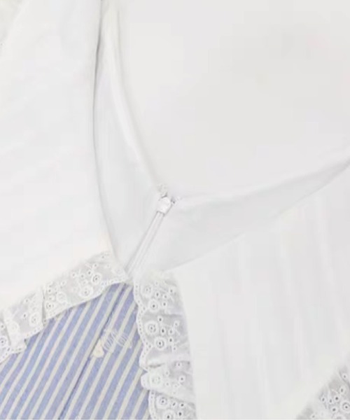 LA POMME petit(ラポミ・プチ)の「Waist Ribbon Lace Collar Floral Stripe Dress/ウエストリボンレース襟花柄ストライプワンピース(ワンピース・レディース・ブルー/ブラック・FREE)」の4枚目の写真
