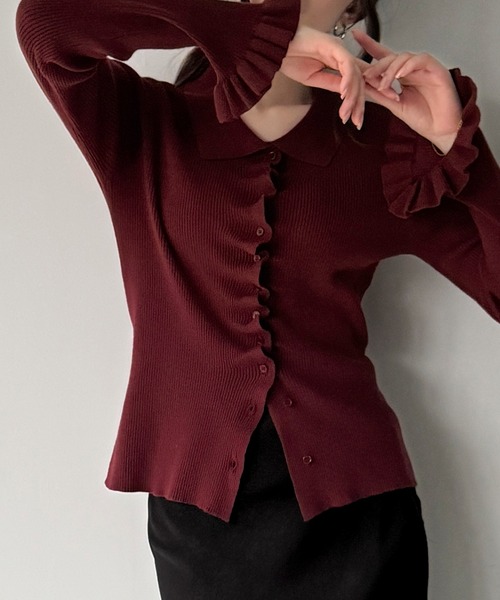 junoah(ジュノア)の「フリルスリーブフロントギャザーリブニット(ニット/セーター・レディース・ピンク/アイボリー/ボルドー・MEDIUM/LARGE)」の3枚目の写真