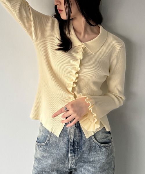 junoah(ジュノア)の「フリルスリーブフロントギャザーリブニット(ニット/セーター・レディース・ピンク/アイボリー/ボルドー・MEDIUM/LARGE)」の4枚目の写真