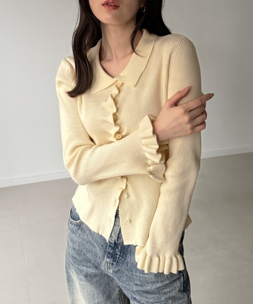 junoah(ジュノア)の「フリルスリーブフロントギャザーリブニット(ニット/セーター・レディース・ピンク/アイボリー/ボルドー・MEDIUM/LARGE)」の5枚目の写真