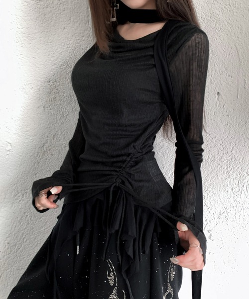 VEILA(ヴェイラ)の「チョーカーデザイン フリルシアーサイドドロスト長袖トップス(Tシャツ/カットソー・レディース・グレー/ブラック/ホワイト・フリー)」の2枚目の写真