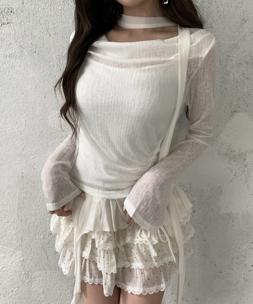 VEILA(ヴェイラ)の「チョーカーデザイン フリルシアーサイドドロスト長袖トップス(Tシャツ/カットソー・レディース・グレー/ブラック/ホワイト・フリー)」の17枚目の写真