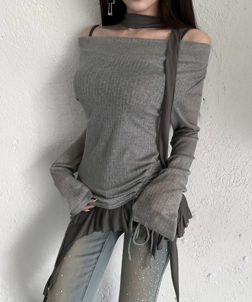 VEILA(ヴェイラ)の「チョーカーデザイン フリルシアーサイドドロスト長袖トップス(Tシャツ/カットソー・レディース・グレー/ブラック/ホワイト・フリー)」の8枚目の写真