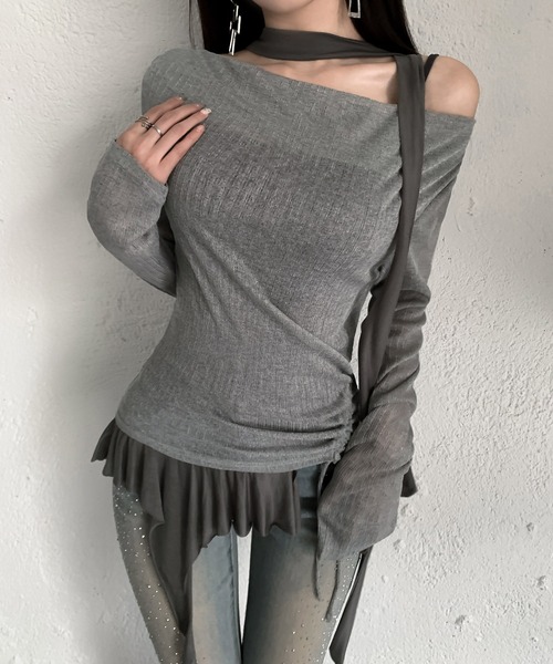 VEILA(ヴェイラ)の「チョーカーデザイン フリルシアーサイドドロスト長袖トップス(Tシャツ/カットソー・レディース・グレー/ブラック/ホワイト・フリー)」の9枚目の写真